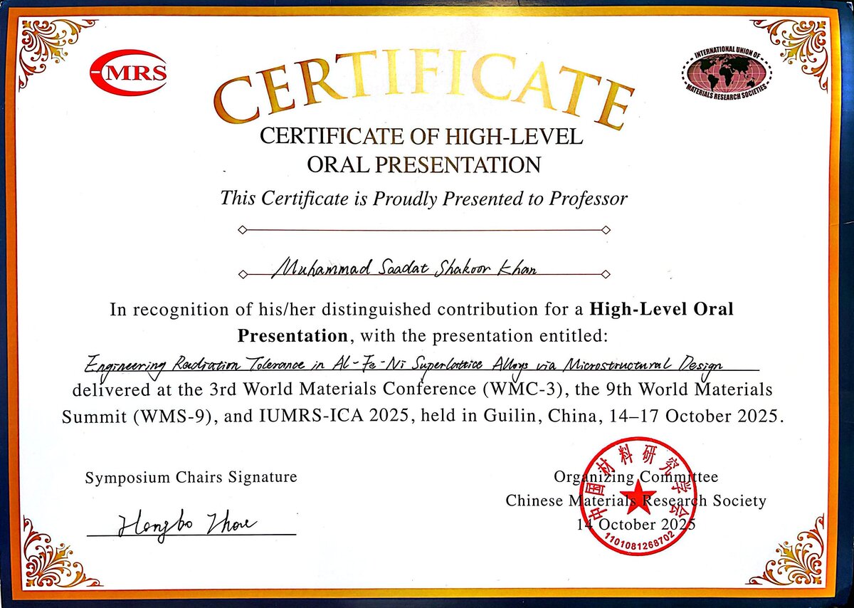 Certificate of High-Level Oral Presentation